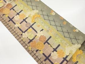 花々に縞格子模様織出し袋帯